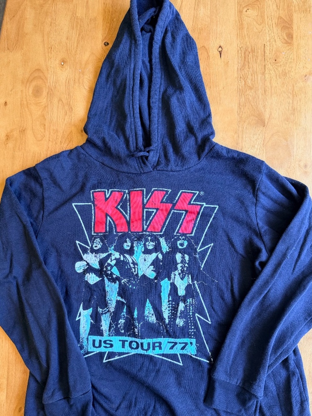 KISS US Tour 77 Graphic Hoodie Black Fifth Sun Rock Band Sweatshirt Womens L 435